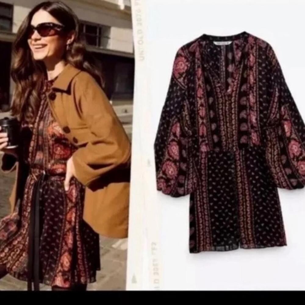 NWT Zara Metallic Boho Mini Dress Balloon Sleeve Button Front Festival S